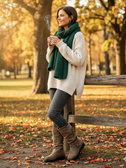 Stivali a Mezza Gamba con Risvolto in Maglia e Fibbie – Comfort & Stile per l’Inverno