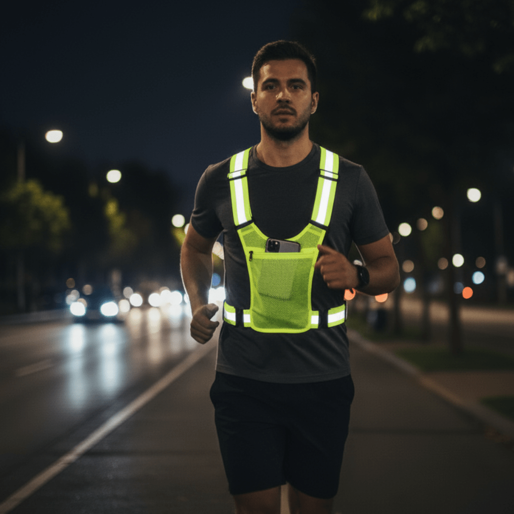 BEAMRUN – Gilet di sicurezza riflettente per corsa e ciclismo con una grande tasca per telefono cellulare e portafoglio