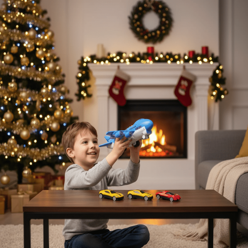 SKYRACER – Aereo giocattolo a inerzia con musica, luci e macchinine per bambini