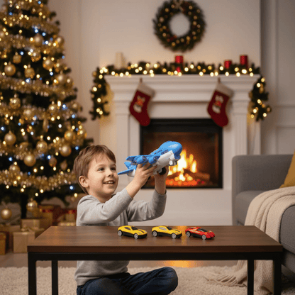 SKYRACER – Aereo giocattolo a inerzia con musica, luci e macchinine per bambini