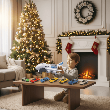 SKYRACER – Aereo giocattolo a inerzia con musica, luci e macchinine per bambini