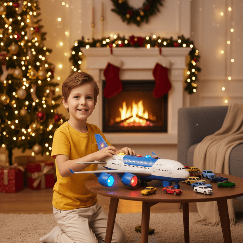 SKYRACER – Aereo giocattolo a inerzia con musica, luci e macchinine per bambini