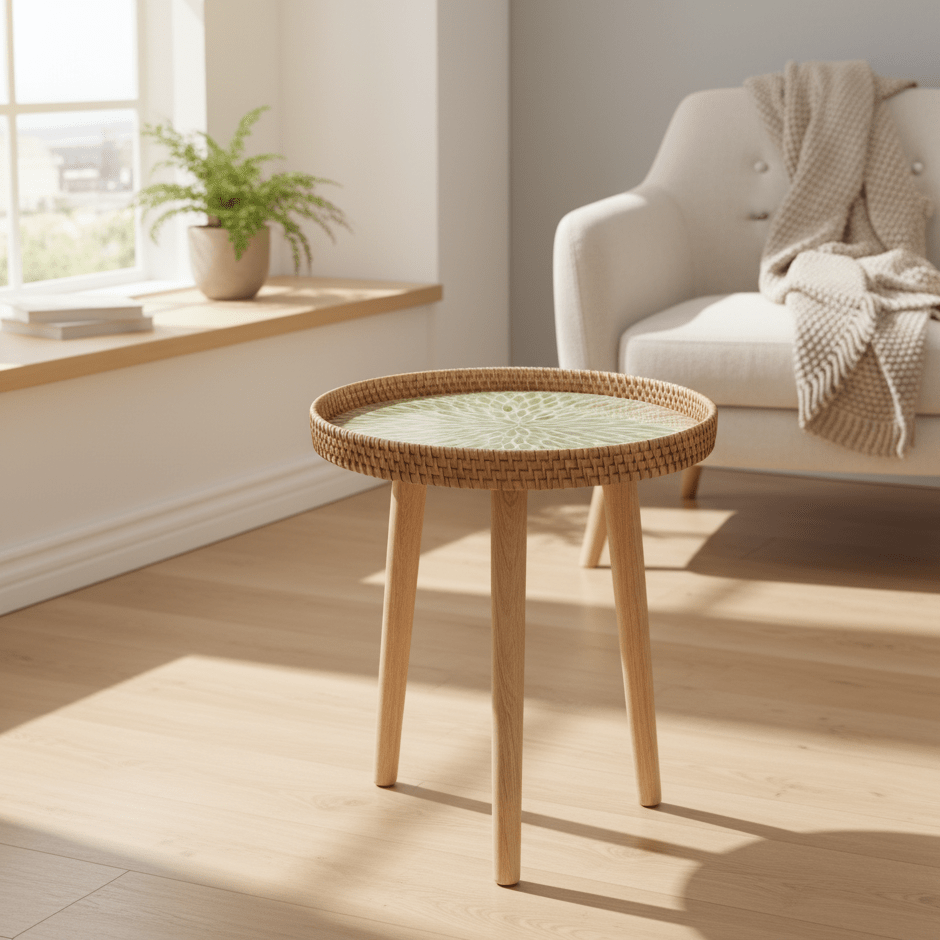 RATTORA – Tavolo in rattan fatto a mano in stile scandinavo realizzato in legno