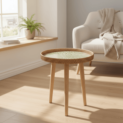 RATTORA – Tavolo in rattan fatto a mano in stile scandinavo realizzato in legno