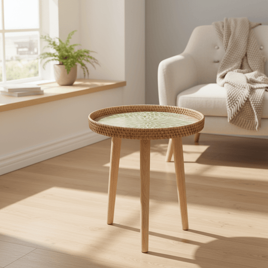 RATTORA – Tavolo in rattan fatto a mano in stile scandinavo realizzato in legno