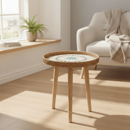 RATTORA – Tavolo in rattan fatto a mano in stile scandinavo realizzato in legno
