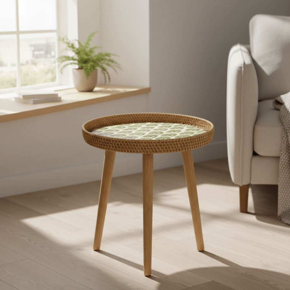RATTORA – Tavolo in rattan fatto a mano in stile scandinavo realizzato in legno