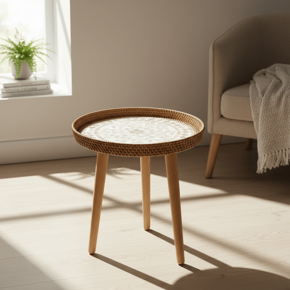 RATTORA – Tavolo in rattan fatto a mano in stile scandinavo realizzato in legno
