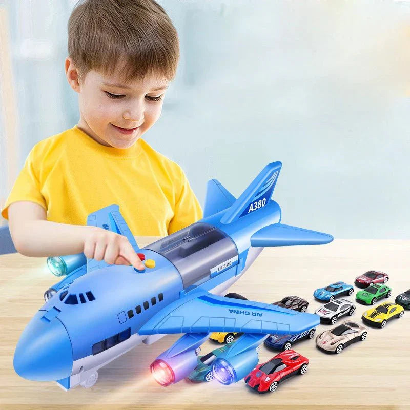 SKYRACER – Aereo giocattolo a inerzia con musica, luci e macchinine per bambini