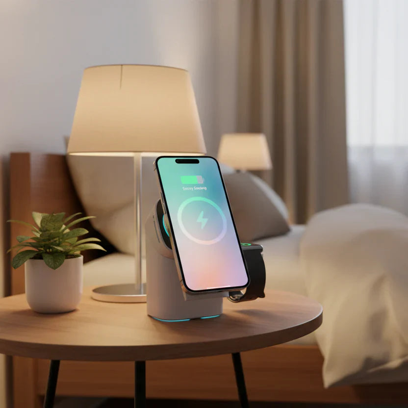 ROTACHARGE – Caricatore wireless 3-in-1 con funzione girevole per smartphone, orologio e cuffie