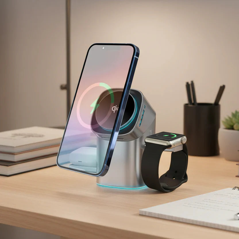 ROTACHARGE – Caricatore wireless 3-in-1 con funzione girevole per smartphone, orologio e cuffie