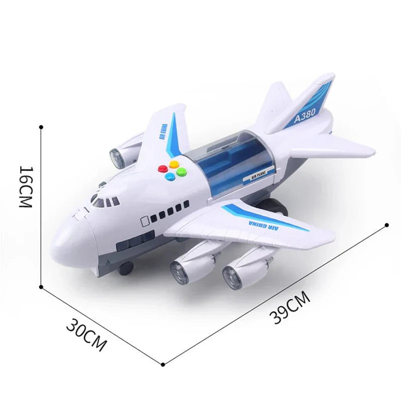 SKYRACER – Aereo giocattolo a inerzia con musica, luci e macchinine per bambini
