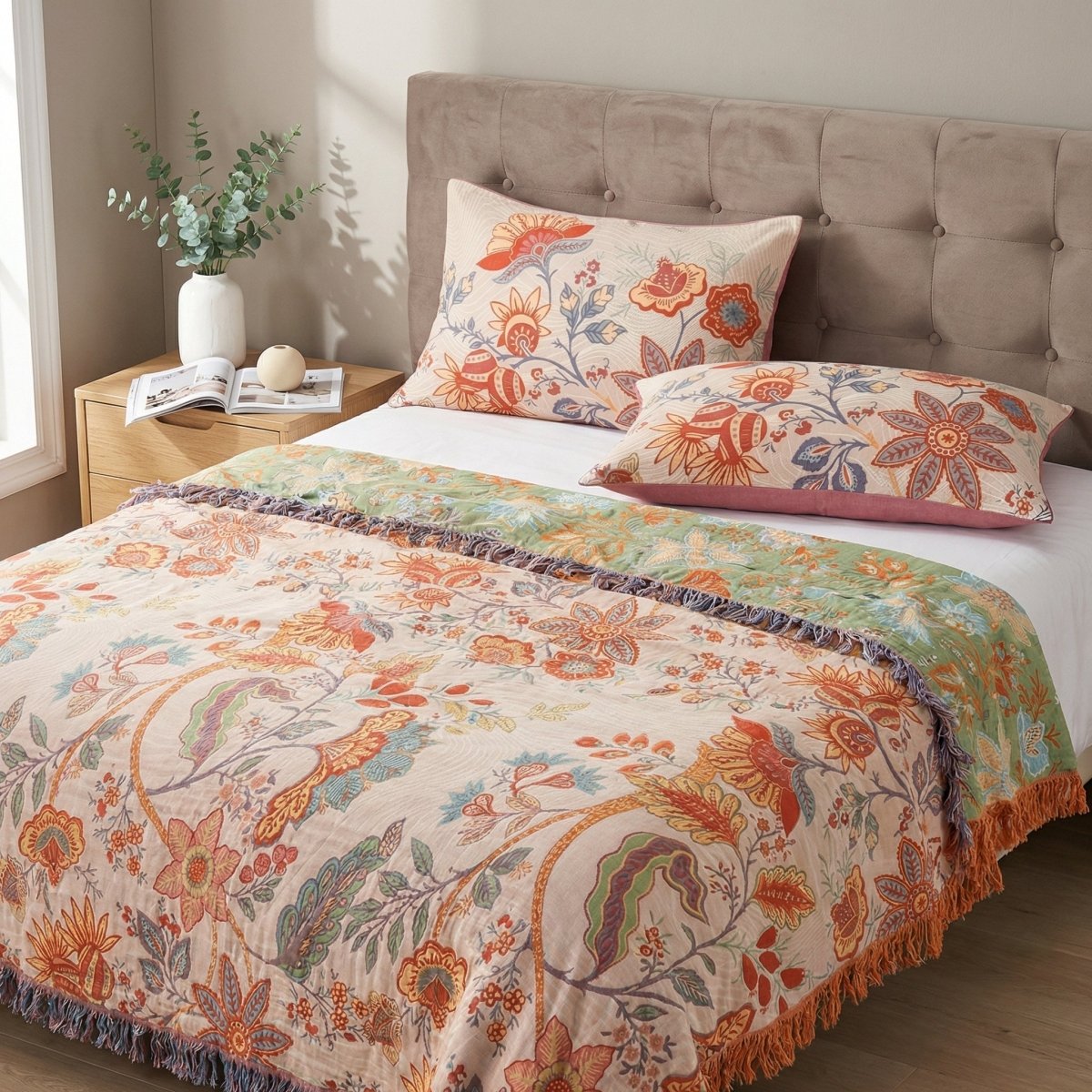NATURÉA – Federe per cuscini in stile rustico bohemiano con motivo floreale, realizzate in cotone morbido, set da 2