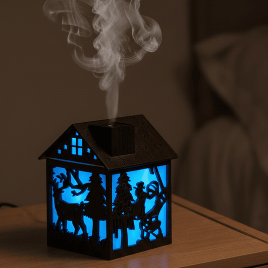CABINMIST – Umidificatore per aromaterapia a forma di casa in legno, con capacità di 240 ml e luce notturna