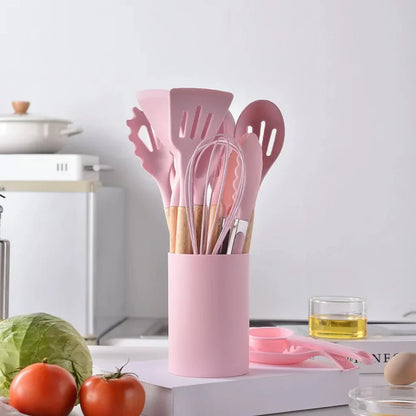 CHEFKRAFT – Set di pentole in silicone da 14 pezzi con manici in legno