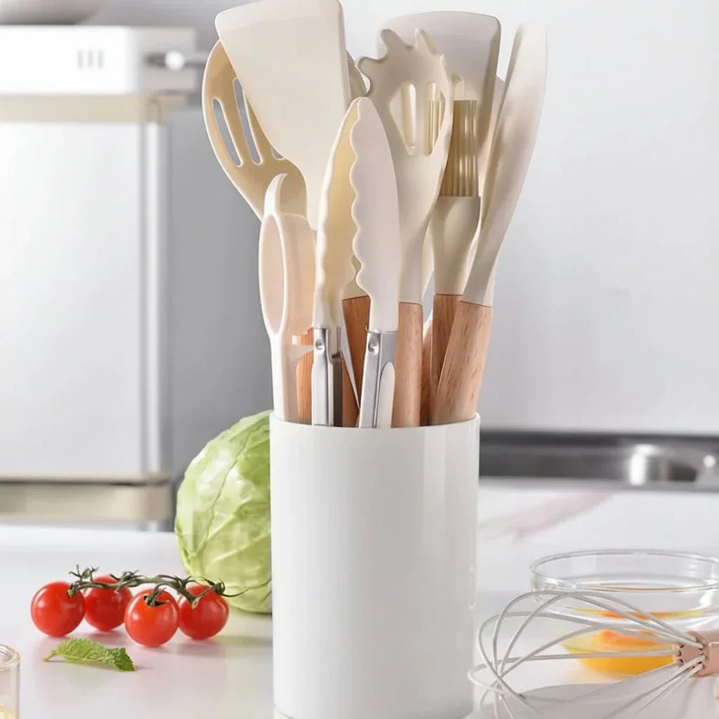 CHEFKRAFT – Set di pentole in silicone da 14 pezzi con manici in legno