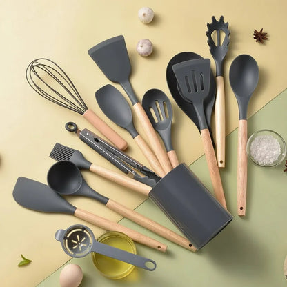 CHEFKRAFT – Set di pentole in silicone da 14 pezzi con manici in legno