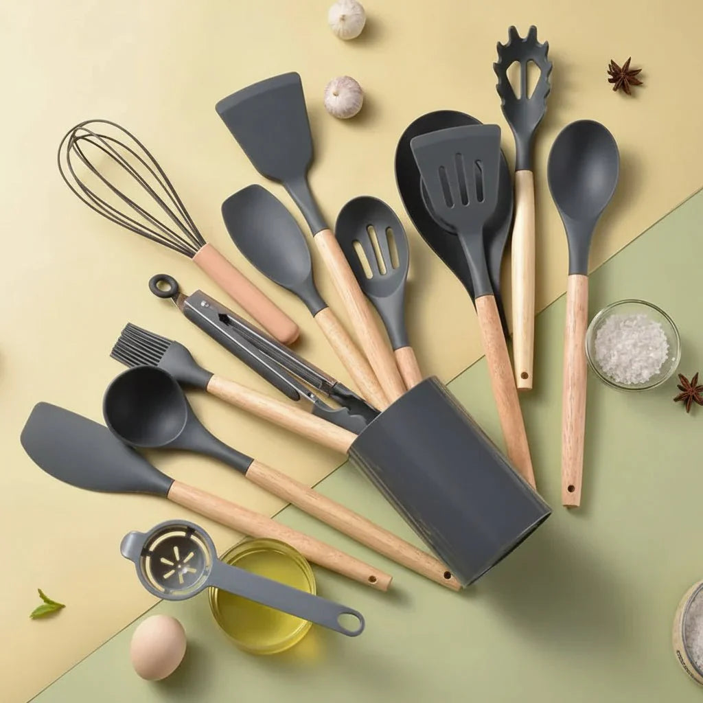 CHEFKRAFT – Set di pentole in silicone da 14 pezzi con manici in legno