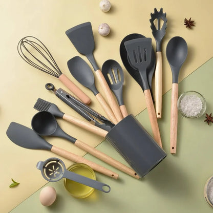 CHEFKRAFT – Set di pentole in silicone da 14 pezzi con manici in legno