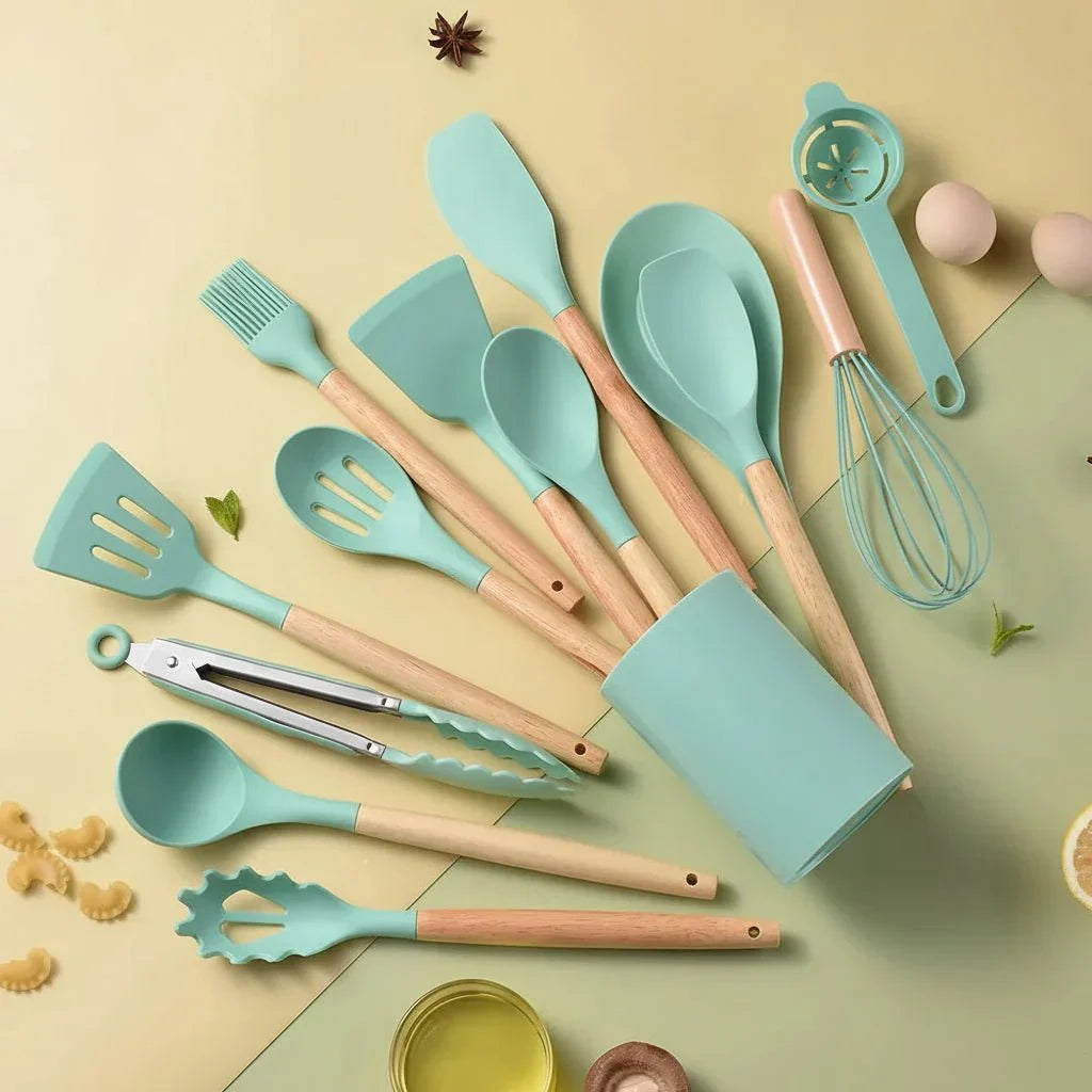 CHEFKRAFT – Set di pentole in silicone da 14 pezzi con manici in legno