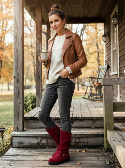 Stivali a Mezza Gamba con Risvolto in Maglia e Fibbie – Comfort & Stile per l’Inverno