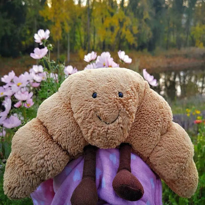 Cuscino Peluche a Forma di Croissant 33 cm – Morbido, Marrone Chiaro, con Sorriso