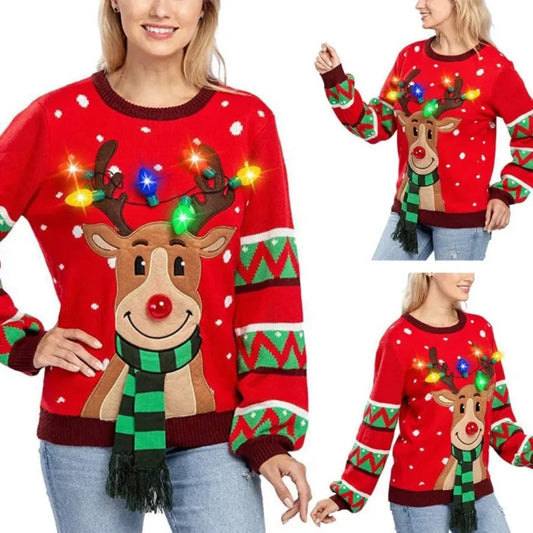 Maglione natalizio da donna con luci LED, maglia calda