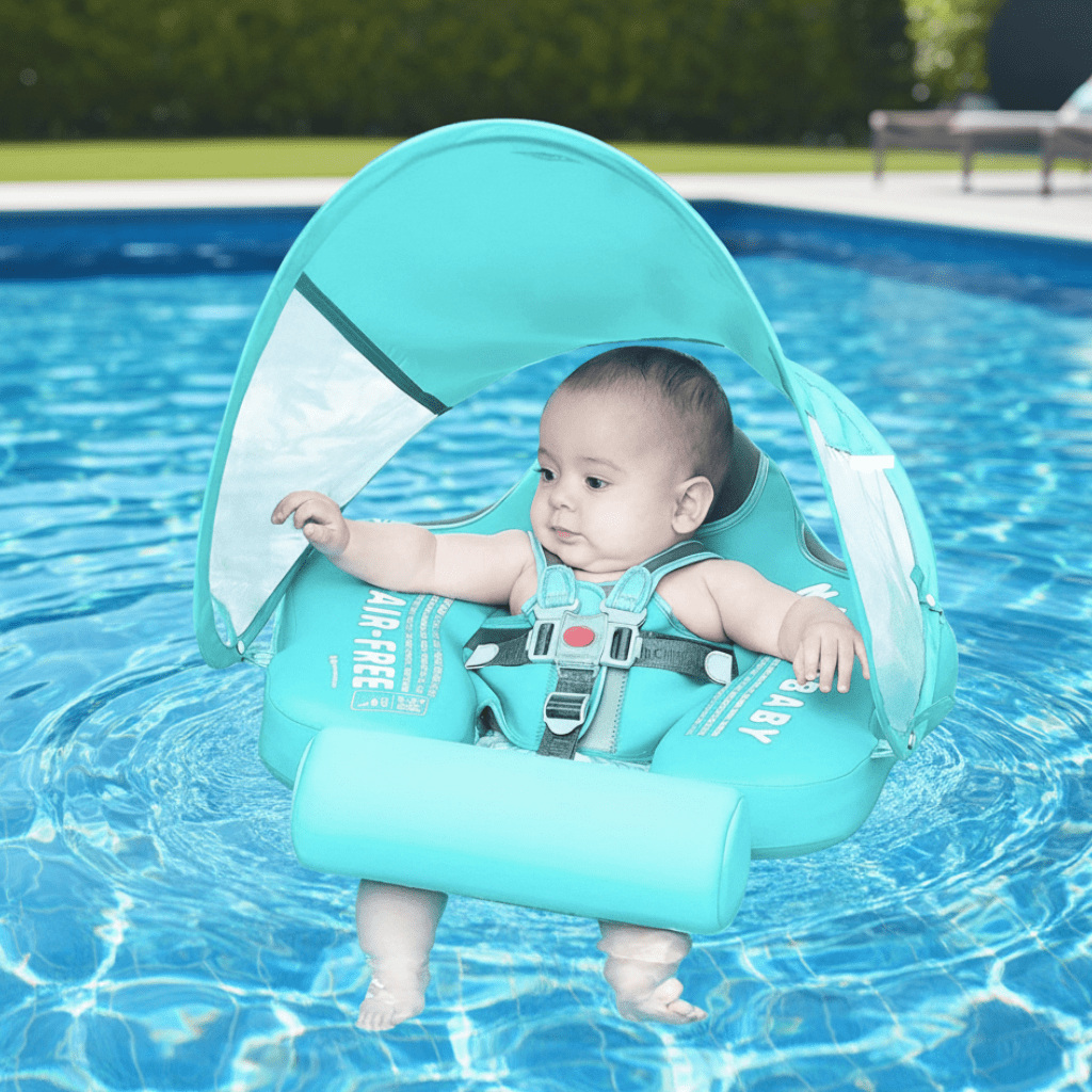 Anello gonfiabile per bambini con cappuccio parasole - Anello da nuoto per bambini con protezione solare e motivo animale per nuotare in sicurezza durante l'estate