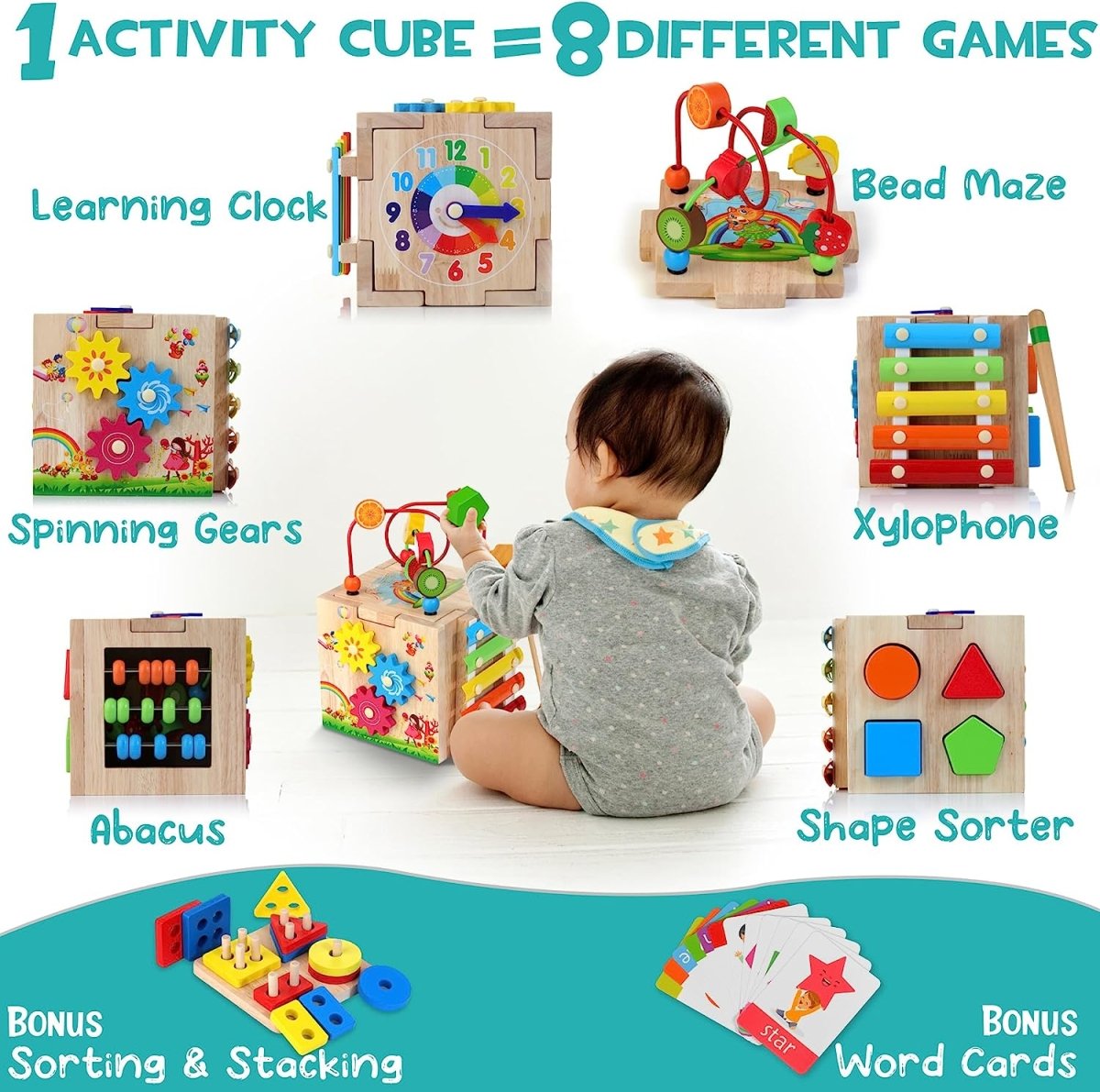 MINDBLOX – Cubo Educativo in Legno Montessori 8-in-1 per Bambini con Giochi Didattici