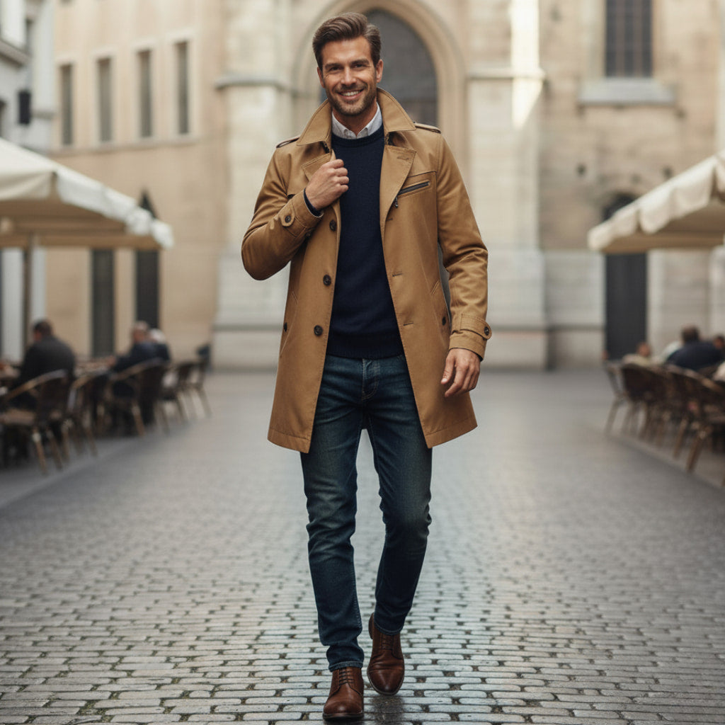 Trench Impermeabile da Uomo – Stile Militare con Tasca con Cerniera