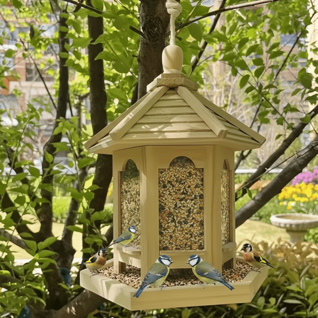 NATUREWELL – Casetta per uccelli rustica fatta a mano con sistema idrico integrato in legno
