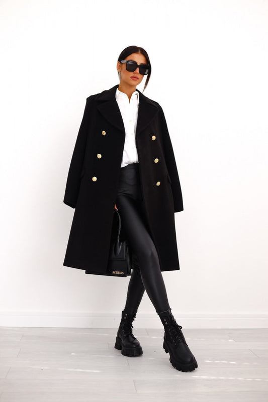 Cappotto Elegante Donna | Lungo con Bottoni Oro e Taglio Moderno