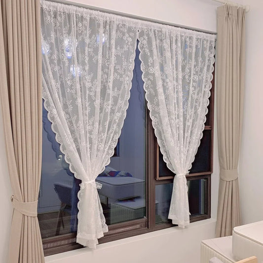ELVAROSE - Pannello di tenda trasparente con pizzo floreale e tasca per bastone