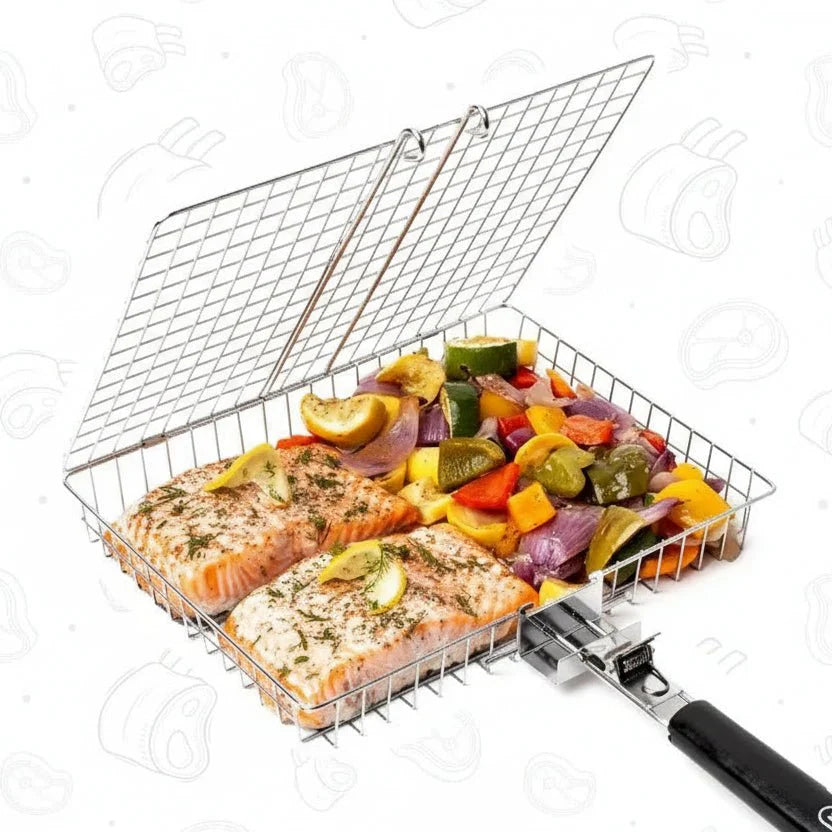 GRILLBASK – Cestino da griglia portatile in acciaio inossidabile per pesce e verdure