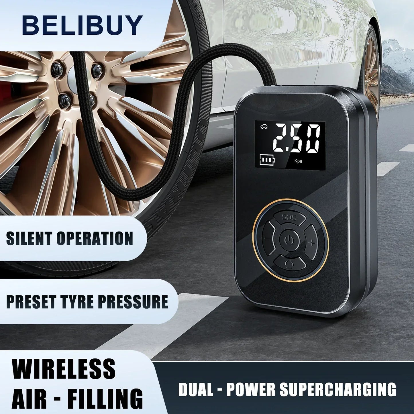 Rassivo | Compressore AirVolt Go | Senza fili e ricaricabile | Pressione dei pneumatici e Power Bank tutto in uno | Compatto e Portatile
