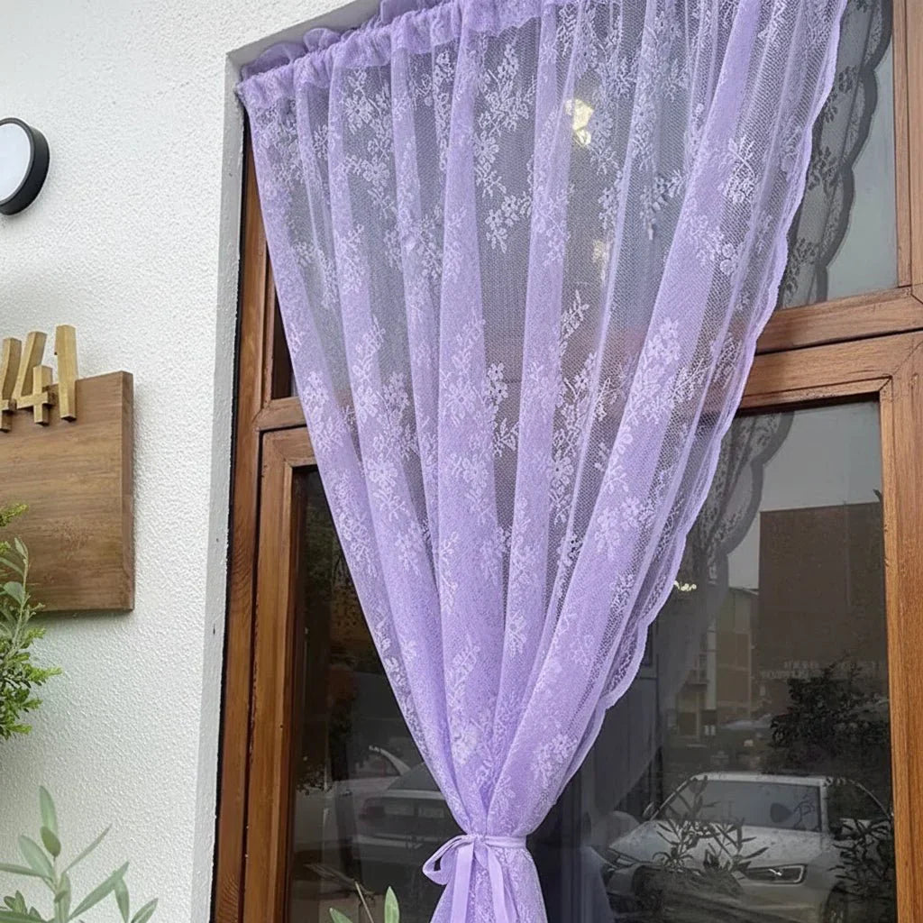 ELVAROSE - Pannello di tenda trasparente con pizzo floreale e tasca per bastone