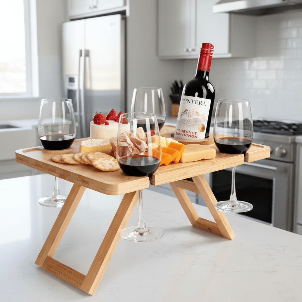 Eleganza – Tavolo pieghevole da picnic per vino con porta bicchieri, portatile per pranzo all'aperto