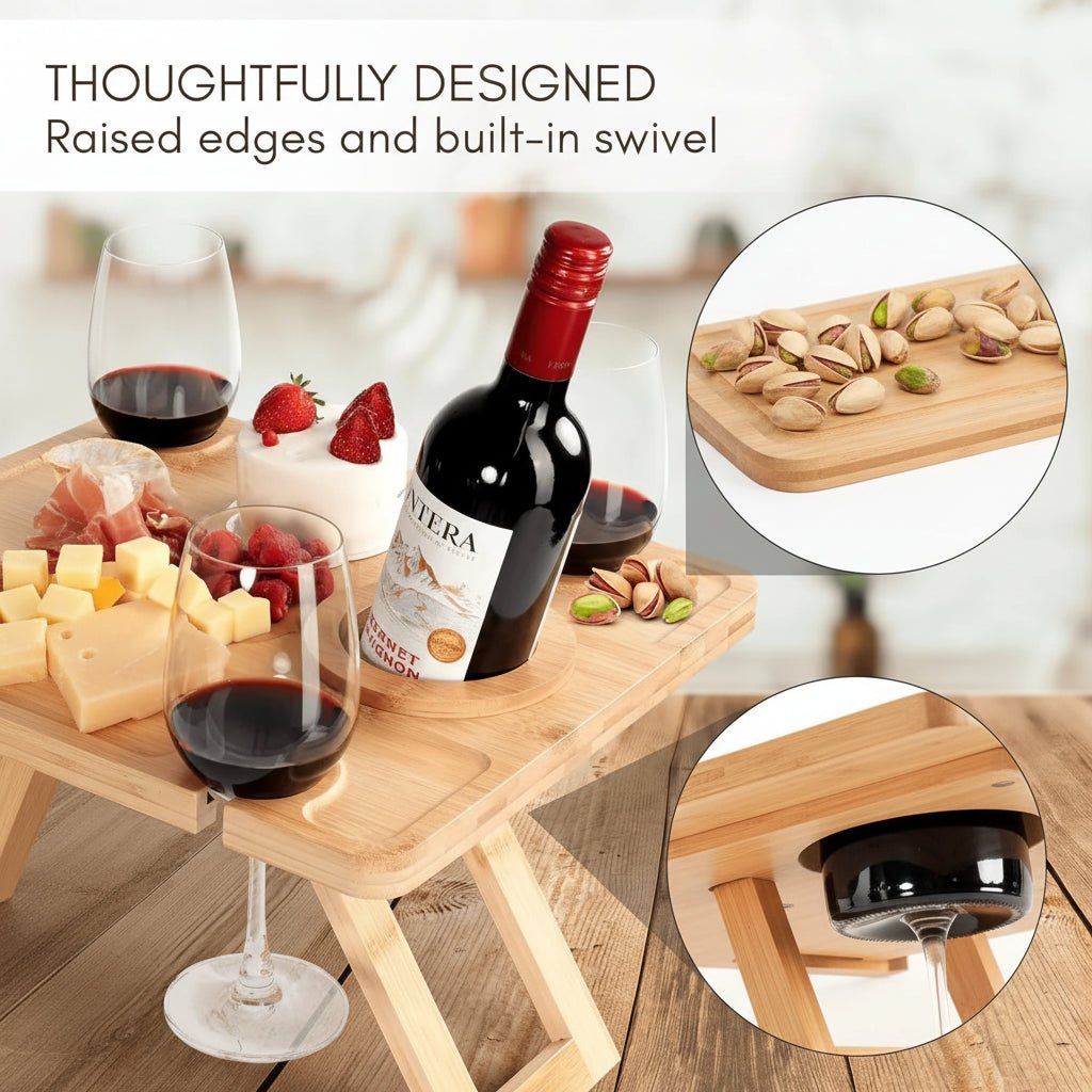 Eleganza – Tavolo pieghevole da picnic per vino con porta bicchieri, portatile per pranzo all'aperto
