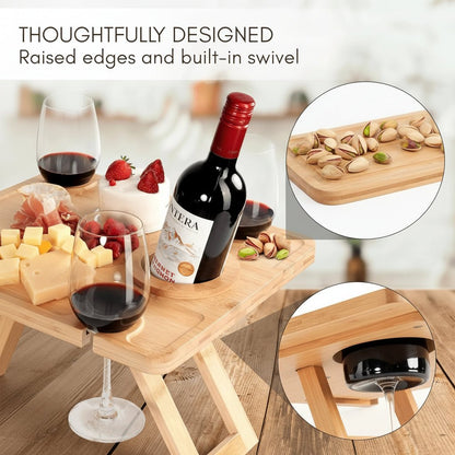 Eleganza – Tavolo pieghevole da picnic per vino con porta bicchieri, portatile per pranzo all'aperto