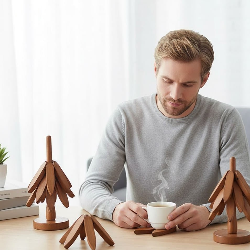 WOODBRAID – Set di 4 pezzi di sottobicchieri e presine con design a tema albero di bambù