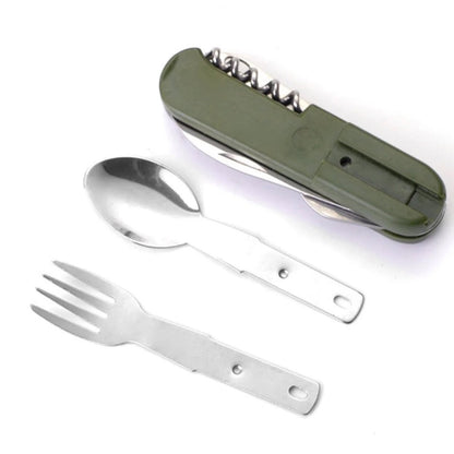 CAMPDINE – Set di posate da campeggio in acciaio inossidabile 7-in-1, pieghevole e salvaspazio