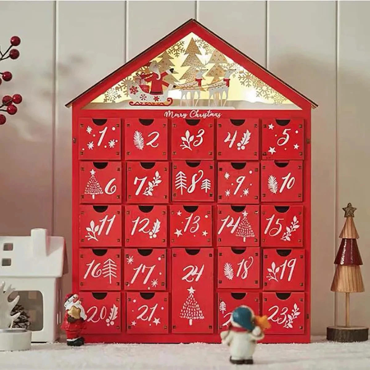 TimberGlow | Elegante calendario dell'Avvento in legno con luci decorative natalizie