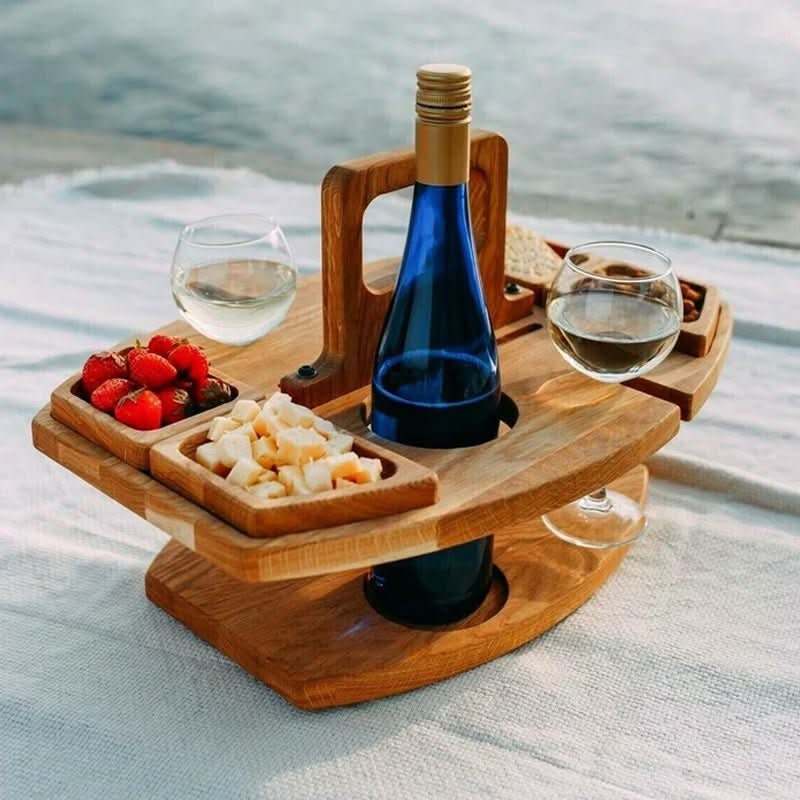 Tavolo da picnic portatile in legno pieghevole con porta bicchieri e scomparti per snack, per giardino, spiaggia e uso all'aperto