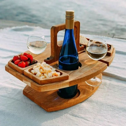 Tavolo da picnic portatile in legno pieghevole con porta bicchieri e scomparti per snack, per giardino, spiaggia e uso all'aperto