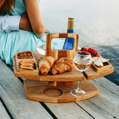 Tavolo da picnic portatile in legno pieghevole con porta bicchieri e scomparti per snack, per giardino, spiaggia e uso all'aperto