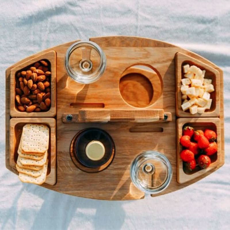 Tavolo da picnic portatile in legno pieghevole con porta bicchieri e scomparti per snack, per giardino, spiaggia e uso all'aperto