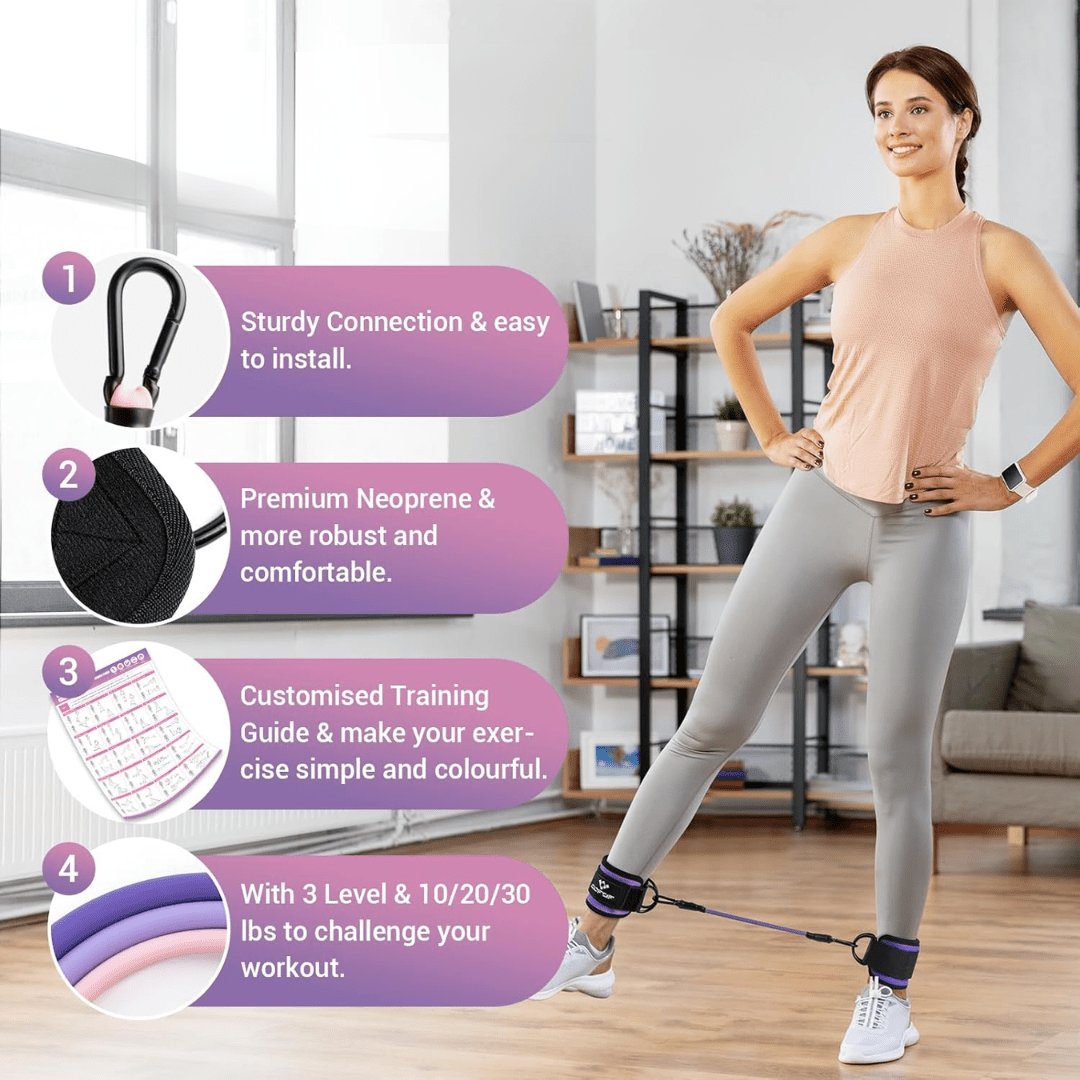 Bande di resistenza Flextone per glutei e fianchi, con cinghia per caviglie e poster di allenamento