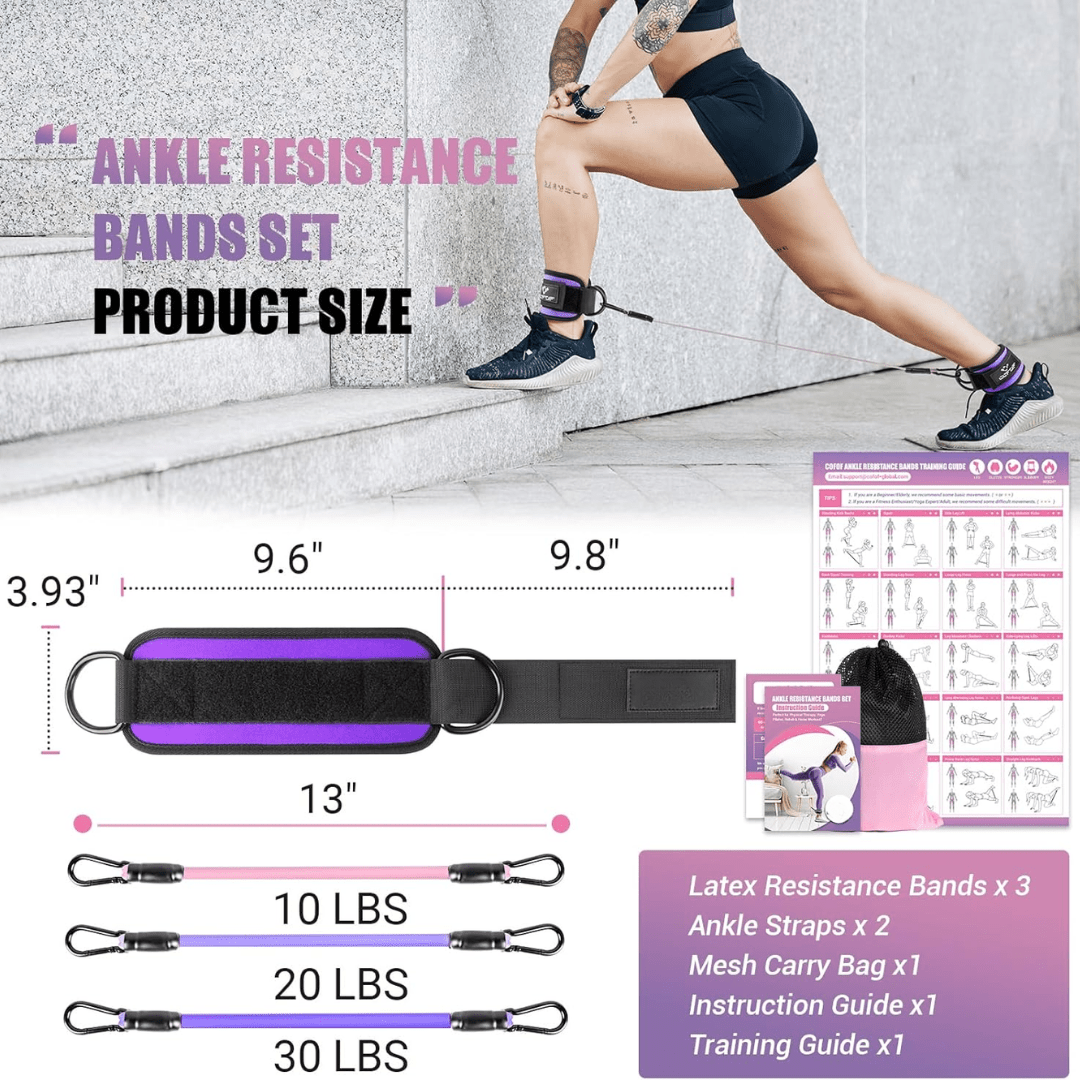 Bande di resistenza Flextone per glutei e fianchi, con cinghia per caviglie e poster di allenamento