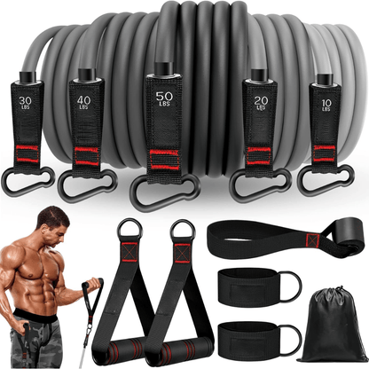 PowerFlex Bande di Resistenza – set di bande elastiche per allenamento completo del corpo e riabilitazione, con maniglie, cinturino per caviglie e aggancio per porta