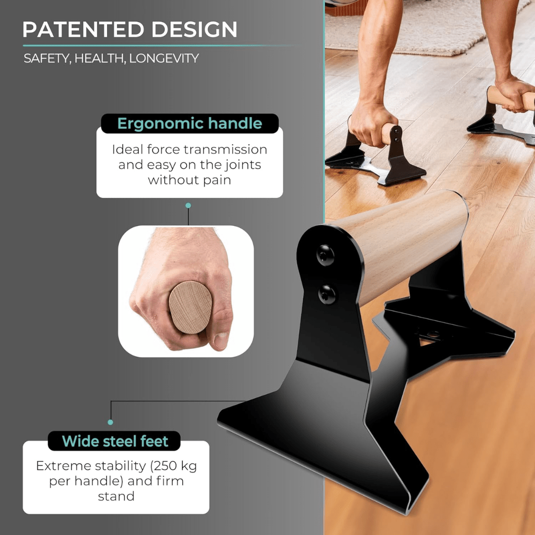 PowerGrip - Parallettes ergonomiche in legno con nucleo in acciaio per le flessioni